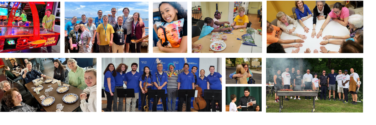 FY27GrantsCollage A collage of images showing teens at an arcade; young adults living with special needs on a cruise; a daughter holding a photo of her deceased father; children working on an art project with a volunteer; older adults gathered at tables; music instructors preparing for a public event; a nurse hugging a patient; an officer handing a student a certificate; police officers hosting a public cookout.